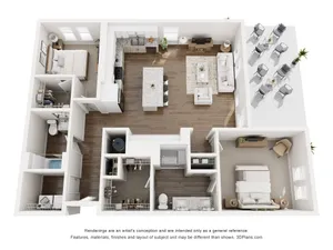 3D floor plan of a 2-bedroom apartment featuring an open-concept kitchen, cozy living room, and spacious outdoor terrace.