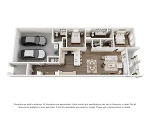 Modern 3D floor plan showcasing a spacious layout with 2 bedrooms, an open living and dining area, a sleek kitchen, and a convenient double garage.