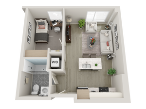 1 bedroom floorplan with a bed, desk, kitchen and island, full bathroom, closet, and washer dryer.