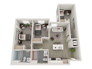 3-bedroom floorplan with beds, desks, closets, kitchen and island, 2 bathrooms, and washer dryer.