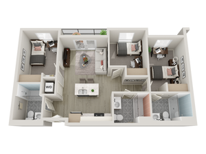 3-bedroom floorplan with beds and desks, kitchen, outdoor patio, 3 bathrooms, and washer dryer.