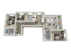3-bedroom floorplan with beds and desks, kitchen, outdoor patio, 3 bathrooms, and washer dryer.