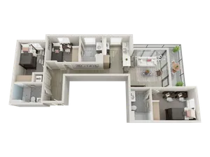 Three-bedroom apartments are fully furnished with a twin XL bed frame/mattress, desk, chair, and dresser drawers in each bedroom; the living room is furnished with barstools, a couch, coffee table, and TV stand. Furniture is also included for the outdoor patio. Shared bedrooms include a bunk bed and dual desks.