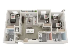 Three-bedroom apartments are fully furnished with a twin XL bed frame/mattress, desk, chair, and dresser drawers in each bedroom; the living room is furnished with barstools, a couch, coffee table, and TV stand. A table and two chairs are also included for the outdoor patio.