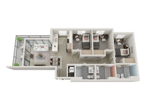 Three-bedroom apartments are fully furnished with a twin XL bed frame/mattress, desk, chair, and dresser drawers in each bedroom; the living room is furnished with barstools, a couch, coffee table, and TV stand. Furniture is also included for the outdoor patio.