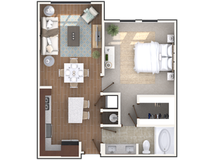 Chic 1-bedroom apartment floor plan with open-concept living and dining area, modern kitchen, and luxurious ensuite bathroom.