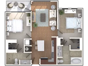 Modern floor plan featuring 2 cozy bedrooms, stylish open-plan living room, and a sleek kitchen with island seating.
