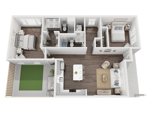 Modern 3D floor plan showcasing two spacious bedrooms, a cozy living area, stylish kitchen, and private balcony.