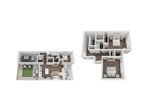 Modern 3D floor plan featuring a garage, open-concept living area, and three elegant bedrooms.