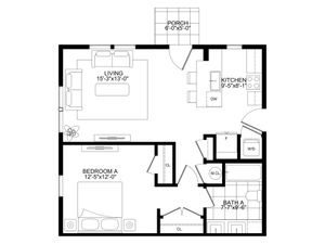 Modern floor plan featuring 1 bedroom, spacious living area, and efficient kitchen with a cozy porch. Includes bathroom, W/D, and ample storage.