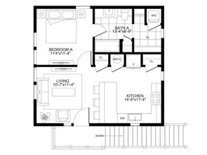 Charming floor plan showcasing a cozy bedroom, spacious living area, modern kitchen, and stylish bathroom layout.