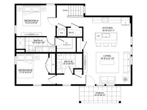 Charming floor plan showcasing 2 bedrooms, spacious living room, and modern kitchen with porch access.