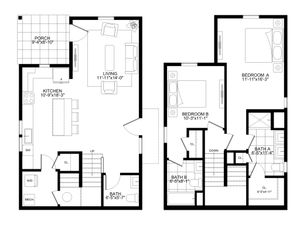 Contemporary floor plan featuring a cozy living room, modern kitchen with island, two spacious bedrooms, and two stylish bathrooms, complete with a charming porch area.