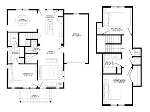 Modern two-story floor plan showcasing 3 bedrooms, spacious living area, gourmet kitchen, and a convenient garage in a stylish layout.