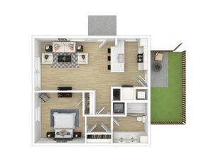 Inviting floor plan with 1 bedroom, open-concept living area, modern kitchen, and private outdoor space.
