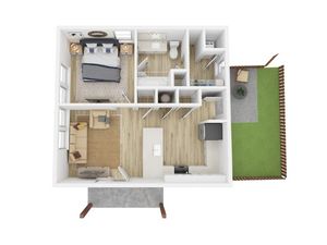 Charming 3D floor plan showcasing a cozy 1-bedroom apartment with a modern kitchen, inviting living area, and private outdoor space.