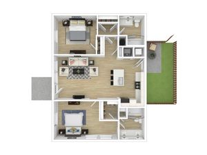 Modern 2D floor plan showcasing 2 bedrooms, an open-concept living and dining area, sleek kitchen, and private patio.