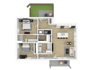 Modern 3D floor plan showcasing 2 spacious bedrooms, 2 elegant bathrooms, open living area, gourmet kitchen, and cozy outdoor patio.