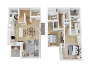 Contemporary 3D floor plan featuring an inviting open-concept living area, sleek kitchen, and two spacious bedrooms with en suite bathrooms.