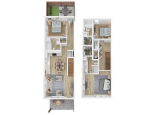 Modern 3D floor plan showcasing a stylish two-story apartment with three bedrooms, open-concept living and dining area, and a private outdoor patio.