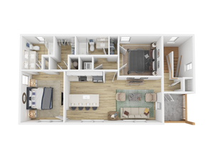 Modern 3D floor plan showcasing 2 bedrooms, open kitchen with island, and cozy living area, perfect for comfortable living.