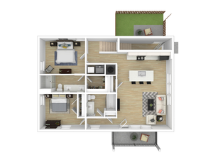 Modern 3D floor plan featuring 2 spacious bedrooms, an open kitchen with a dining area, cozy living room, two bathrooms, and a private outdoor patio.
