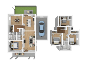 Contemporary 3D floor plan showcasing three bedrooms, open living area, gourmet kitchen, and a spacious garage with a cozy outdoor patio.