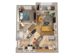 Cozy 1-bedroom apartment floor plan featuring a modern living room, a well-equipped kitchen, and a private balcony. Ideal for comfortable and elegant living.