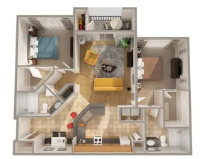 Charming 3D apartment floor plan showcasing two cozy bedrooms, a vibrant living room, modern kitchen, and balcony, perfect for comfortable living.