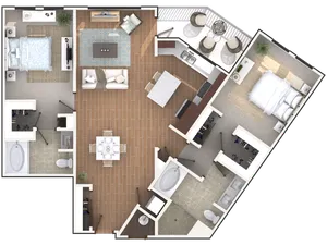 Modern 2D floor plan showcasing a luxurious 2-bedroom apartment with an open living and dining area, sleek kitchen, and private balcony.