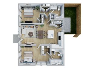 Modern open-layout floor plan featuring 2 bedrooms, spacious living area, sleek kitchen, and a private patio with garden view.