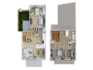 Modern 3D floor plan showcasing a spacious two-story apartment with three bedrooms, stylish open-concept living area, and a cozy backyard space.