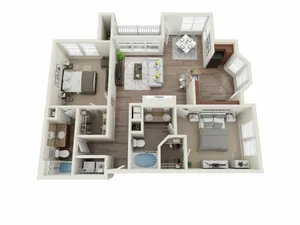 Elegant 3D floor plan showcasing a spacious 2-bedroom apartment with a cozy living area, modern kitchen, and two stylish bathrooms.