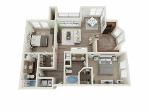 Modern 3D floor plan showcasing 2 bedrooms, a cozy living area with fireplace, stylish kitchen, and dining nook. Includes two bathrooms and ample closet space.