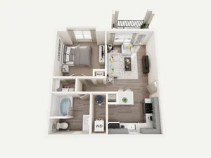 3D floor plan highlighting a stylish one-bedroom apartment with open living space and modern kitchen.