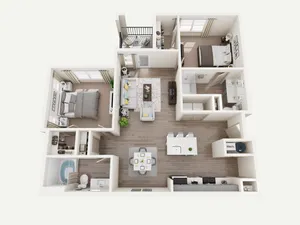 Stylish apartment layout with two bedrooms, a modern kitchen, and an inviting living area.