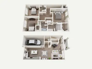 Chic 3D townhouse floor plan featuring 3 bedrooms, garage, and open living-dining area.