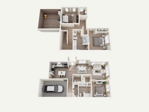 Innovative townhome floor plan with 3 bedrooms, open living area, modern kitchen, and a private garage.