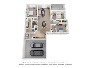 Modern 3D floor plan showcasing 3 bedrooms, an open living area, gourmet kitchen, and a two-car garage.