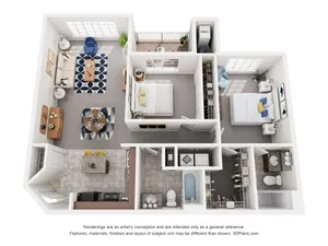 Modern 3D floor plan featuring 2 bedrooms, expansive living room, dining area, and a contemporary kitchen, ideal for stylish living.