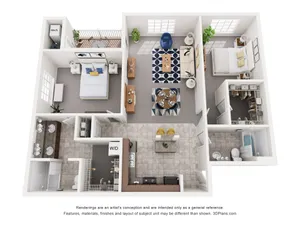Spacious 3D floor plan with two bedrooms, cozy living room, modern kitchen, and private balcony. Includes two bathrooms and elegant dining area.