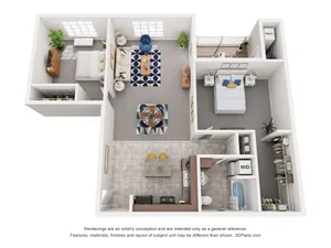 Modern 3D floor plan showcasing 2 cozy bedrooms, stylish open-concept living and dining area, and a sleek kitchen with breakfast bar. Includes a compact bathroom, convenient laundry space, and balcony access.