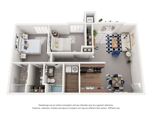 Bright and modern 3D floor plan featuring two spacious bedrooms, a cozy living area, sleek kitchen, and stylish dining space.