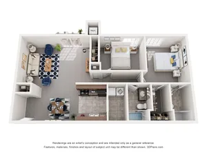 Chic and modern 3D floor plan featuring 2 bedrooms, open-concept living area, stylish kitchen with dining space, and serene bathroom layout.
