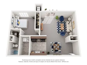 Chic 3D apartment layout with 1 bedroom, elegant living room, modern kitchen, and dining area, perfect for stylish urban living.