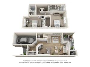 Modern 3D floor plan featuring 2 cozy bedrooms, sleek open-concept kitchen adjacent to a stylish living area, and a private garage. Ideal space for contemporary living with a touch of elegance.