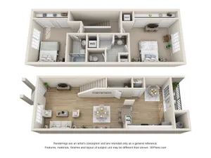 Modern floor plan with 2 bedrooms, open living and dining area, and sleek kitchen in a two-story layout.