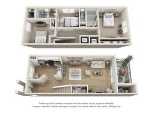 Elegant 3D floor plan showcasing a modern two-level apartment with two bedrooms, spacious living room, open kitchen, and cozy balcony.