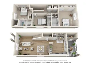 Charming 3D floor plan showcasing 2 bedrooms, modern kitchen, cozy living area, and private balcony, perfect for luxurious living.