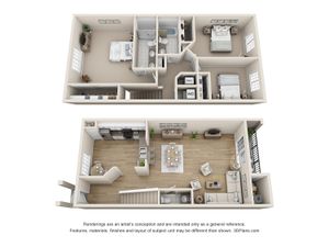 Charming 3D floor plan with three cozy bedrooms, modern kitchen, and a spacious living and dining area, perfect for family gatherings.
